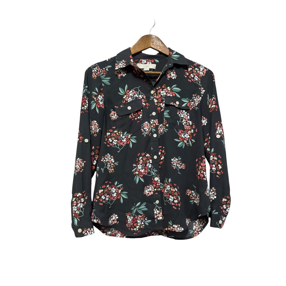 Loft Floral Button Down Shirt Womens XSP Black Utility Blouse Excellent Roll Tab